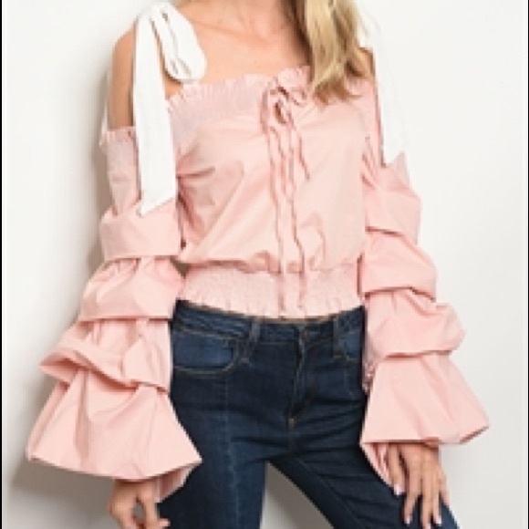 Tops - Pink & White Ruffle Cold Shoulder Blouse